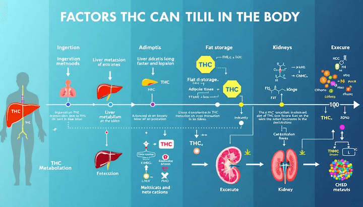 An infographic illustrating the various factors influencing THC retention in the body.
