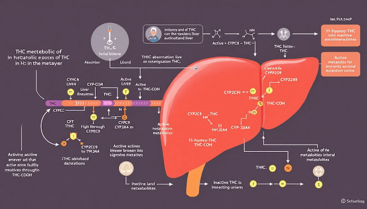 An illustration depicting the importance of liver function in THC metabolism and how it affects drug testing outcomes.
