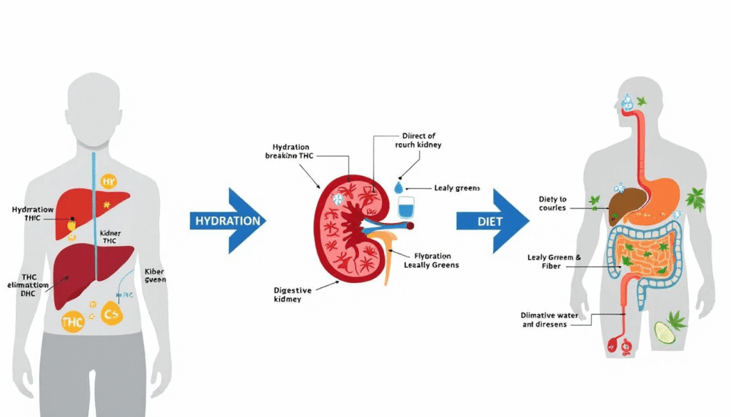 A visual representation of hydration and diet's role in THC elimination from the body.